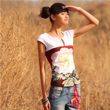 实体批发夏装新款女装百搭V领纯棉印花修身民族风短袖T恤女唐香