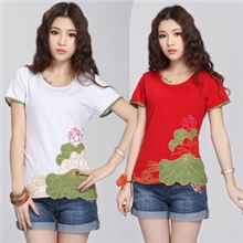 韩版2013夏新款女装民族风荷花刺绣不规则下摆列纯棉短袖圆领t恤