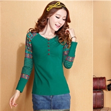 韩版女装2013春装新品民族印花立体皱褶红色包扣修身版长袖T恤