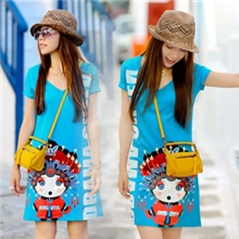 厂家直销2013民族风Q版京剧娃娃印花绣片短袖长款T恤全棉超修身