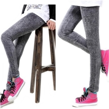 春季薄款无缝高弹力仿牛仔雪花水波纹假口袋破洞九分打底裤