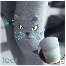 067冬季新款韩国时尚加绒加厚刺绣小猫裤义乌打底裤批发大码女士