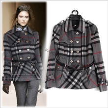 秋冬新款欧美大牌经典双排扣格纹保暖毛呢外套高端外贸正品女装