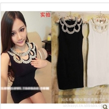 2013秋装新款女装欧美599气质领口珍珠钉珠镂空包臀显瘦连衣裙