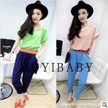 韩版设计拼色撞色大牌哈伦连体裤连衣裤短袖送腰带哈伦裤3002