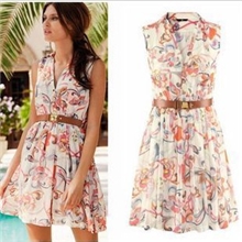 欧美风2012连衣裙女装新款花色V领连衣裙印花翻领