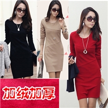 8816长袖裙韩版女装包臀长袖拼接修身气质职业连衣裙子加绒加厚