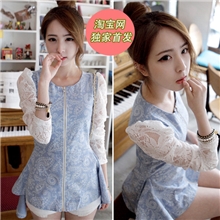 2013秋装韩版不规则裙摆连衣裙牛仔拼接蕾丝长袖裙6059