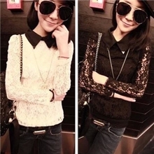 女款韩版时尚小衫翻领蕾丝打底衫修身显瘦长袖T恤上衣打底衫