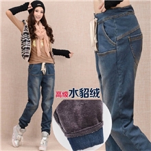 冬水貂绒女裤加厚加绒小脚牛仔宽松灯笼裤保暖大码