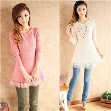 2013秋冬新款女装瑞丽套头中长款针织衫下摆蕾丝修身女式毛衣