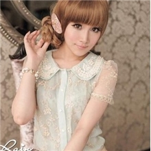 甜美日系小清新钉珠娃娃领金丝刺绣泡泡袖短袖衬衫衬衣2076#