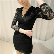 透视性感V领修身包臀弹力带胸垫蕾丝连衣裙1695