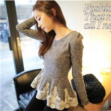 新款韩版淑女气质蕾丝荷叶边裙摆收腰打底衫收腰上衣