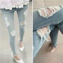 韩国女装2013夏装新款韩版修身显瘦破洞裤小脚裤牛仔裤女