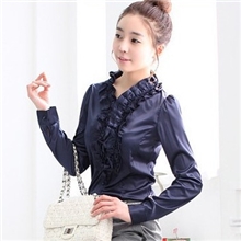2013新款韩版荷叶边长袖衬衫纯色503真丝衬衫女
