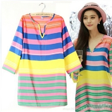 2013春夏新款范冰冰同款欧美条纹V领雪纺七分袖彩虹连衣裙