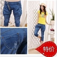 2013夏新款哈伦裤女牛仔七分裤马裤宽松版加肥加大多扣中裤潮
