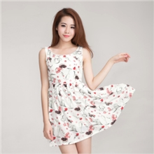 2013韩国复古宫廷印花雪纺高腰无袖连衣裙(送腰带)