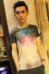 夏装欧美系原创t恤les林弯弯彩色星空印花男装原版修身半袖t恤