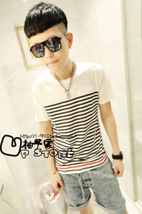 2013夏季新款les林弯弯大花小花条纹半袖潮男装t恤男短袖夏季t恤