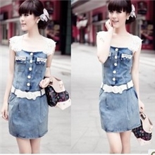 2013新品夏装韩版蕾丝花边牛仔面料薄款修身牛仔裙连衣裙1502