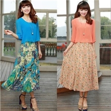 2013春夏波西米亚风中长款假两件雪纺中袖甜美碎花连衣裙9932#