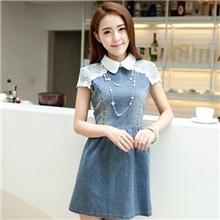 2013新款韩版女牛仔短袖娃娃领修身蕾丝肩部拼接连衣裙批发