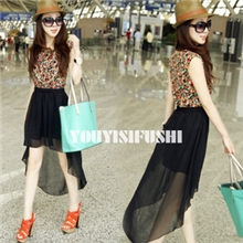 燕尾裙不规则碎花连衣裙复古碎花气质垫肩修身t恤连衣裙子A020p50