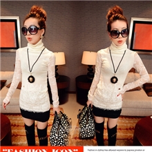 2013新款春季优雅百搭拼蕾丝高领中长款修身打底针织衫A13p45