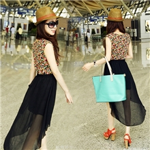 碎花拼接飘逸裙不规则裙摆气质垫肩无袖连衣裙送腰带A020P50