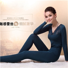 厂家批发性感蕾丝V领女式无缝保暖美体内衣套装莫代尔秋衣秋裤