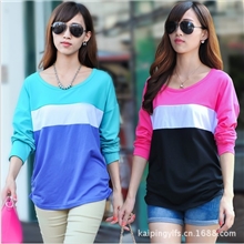 韩版秋季大码女装圆领蝙蝠袖拼接撞色宽松长袖女式T恤支持混批
