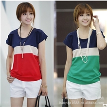 2013秋装新款韩版宽松拼色清爽麻纱短袖t恤女蝙蝠袖上衣雪纺衫