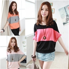 2013春夏装新款韩版加大码女装宽松圆领胖mm拼接条纹蝙蝠袖t恤衫