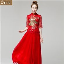 长款改良时尚结婚旗袍红色立领凤凰敬酒服新娘结婚旗袍Q13653