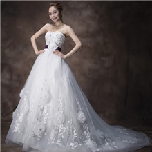 韩式复古绑带花朵豪华大拖尾抹胸前短后拖婚纱厂家批发H13742