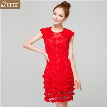 红色韩版性感修身蕾丝敬酒服短款双肩伴娘晚礼服厂家批发L13784