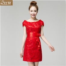 2013新款包肩短款红色旗袍改良时尚蕾丝敬酒服厂家批发Q13651