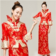厂家批发春夏长袖旗袍结婚礼服新娘敬酒服长款复古婚纱Q12051