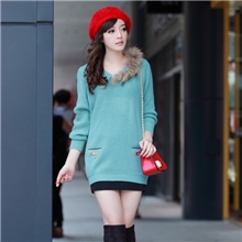 2013秋装新款女装韩版针织衫獭兔毛拼接修身打底毛衣长袖连衣裙