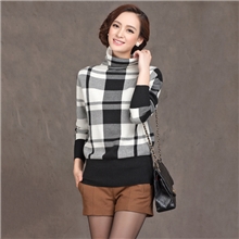 秋冬韩版毛针织衫女装套头高领格子长袖毛衣打底衫弹力