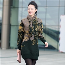 2013秋装新款女装中老年中长款针织衫戴围巾毛衣印花长款打底衫