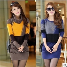 批发秋冬新款韩版女装加厚大码显瘦高领中长款毛衣裙打底针织衫