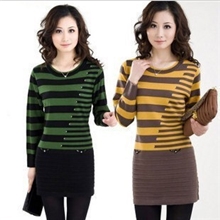新款秋装中长款毛衣打底衫女大码中年妈妈装针织衫条纹女装