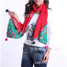 棉麻绒球围巾手工民族风棉麻质球球长方形拼色