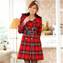 2012秋冬新款女装欧美设计英纶格子双排扣毛领大衣外套大红色