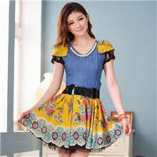 批发女装夏季新款通勒优雅仿牛仔印花撞色收腰V领连衣裙9510混批