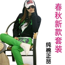 大码女装胖mm春装韩版新品显瘦全棉休闲运动套装开衫带帽运动服女