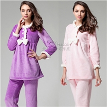 秋冬新款珊瑚绒长袖长裤睡衣套装蝴蝶结可爱休闲家居服套装